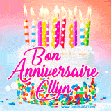 A white birthday cake covered in colorful sprinkles, topped with bright candles, and French text 'Bon Anniversaire Ellyn' on a pastel gradient background in an animated GIF.