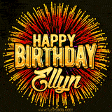 Golden 'Happy Birthday Ellyn' text accompanied by animated rainbow fireworks for a festive animated greeting.