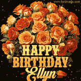 Animated bouquet of orange roses with moving butterfles and golden 'Happy Birthday Ellyn' text, surrounded by sparkling accents and a dark backdrop for a luxurious feel.