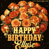 Animated bouquet of orange roses with moving butterfles and golden 'Happy Birthday Ellyse' text, surrounded by sparkling accents and a dark backdrop for a luxurious feel.