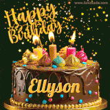 A delightful chocolate birthday cake with bright candles and 'Happy Birthday Ellyson' written in gold amidst a shower of animated stars.