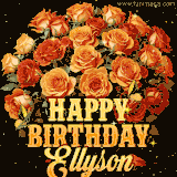 Animated bouquet of orange roses with moving butterfles and golden 'Happy Birthday Ellyson' text, surrounded by sparkling accents and a dark backdrop for a luxurious feel.
