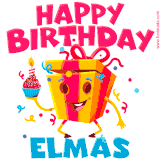 A vibrant and funny gift box character with a happy face dancing with a cupcake and the text 'Happy Birthday Elmas,' surrounded by animated confetti and party vibes.