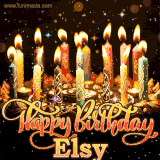 A glowing personalized birthday GIF with name Elsy featuring lit candles with intricate designs, warm lighting, and the text 'Happy Birthday' in an elegant font.