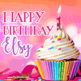 A vibrant birthday GIF featuring a rainbow-colored cupcake topped with white frosting, sprinkles, and a lit candle. The text reads 'Happy Birthday Elsy' in bold pink and violet letters with white outline.