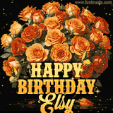 Animated bouquet of orange roses with moving butterfles and golden 'Happy Birthday Elsy' text, surrounded by sparkling accents and a dark backdrop for a luxurious feel.