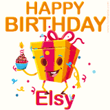 A vibrant and funny gift box character with a happy face dancing with a cupcake and the text 'Happy Birthday Elsy,' surrounded by animated confetti and party vibes.