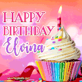 A vibrant birthday GIF featuring a rainbow-colored cupcake topped with white frosting, sprinkles, and a lit candle. The text reads 'Happy Birthday Elvina' in bold pink and violet letters with white outline.