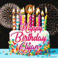 Amazing Animated GIF Image for Elyan with Birthday Cake and Fireworks