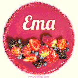Beautifully decorated red velvet berry birthday cake with vibrant fruits and a glowing 'Ema' name, adding a touch of sweetness and sparkle.