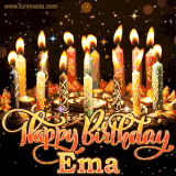 A glowing personalized birthday GIF with name Ema featuring lit candles with intricate designs, warm lighting, and the text 'Happy Birthday' in an elegant font.