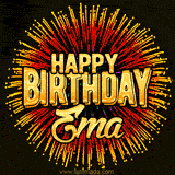 Golden 'Happy Birthday Ema' text accompanied by animated rainbow fireworks for a festive animated greeting.