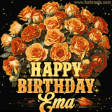 Animated bouquet of orange roses with moving butterfles and golden 'Happy Birthday Ema' text, surrounded by sparkling accents and a dark backdrop for a luxurious feel.