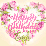 A stunning heart made of pink roses surrounds the elegant script text 'Happy Birthday Ema' on a soft beige background. Animated sparkles add a magical and festive feel.
