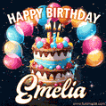 Hand-drawn happy birthday cake adorned with an arch of colorful balloons - name GIF for Emelia