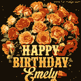 Beautiful bouquet of orange and red roses for Emely, golden inscription and twinkling stars
