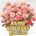 Birthday wishes to Emerald with a charming GIF featuring pink roses, butterflies and golden quote