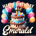 Hand-drawn happy birthday cake adorned with an arch of colorful balloons - name GIF for Emerald