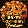 Beautiful bouquet of orange and red roses for Emerson, golden inscription and twinkling stars