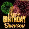 Wishing You A Happy Birthday, Emerson! Best fireworks GIF animated greeting card.