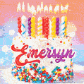 Personalized for Emersyn elegant birthday cake adorned with rainbow sprinkles, colorful candles and glitter