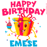 A vibrant and funny gift box character with a happy face dancing with a cupcake and the text 'Happy Birthday Emese,' surrounded by animated confetti and party vibes.