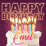 A colorful birthday cake topped with lit candles, with the words 'Happy Birthday Emet' in bold glowing letters on a burgundy background. Animated flames add a festive touch.