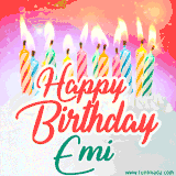 Bright birthday candles with rainbow flames on a cake, alongside the text 'Happy Birthday Emi' in vibrant script in this celebratory animated GIF.