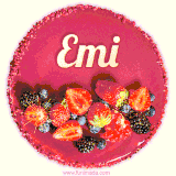 Beautifully decorated red velvet berry birthday cake with vibrant fruits and a glowing 'Emi' name, adding a touch of sweetness and sparkle.