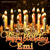 A glowing personalized birthday GIF with name Emi featuring lit candles with intricate designs, warm lighting, and the text 'Happy Birthday' in an elegant font.