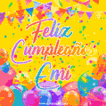 A bright and festive GIF with the text 'Feliz Cumpleaños Emi' in Spanish in colorful fonts, surrounded by confetti, balloons, and festive banners on a vibrant yellow background.
