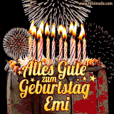 A chocolate birthday cake with glowing candles, the German text 'Alles Gute zum Geburtstag Emi,' and vibrant fireworks lighting up the background in an animated GIF.