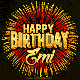 Golden 'Happy Birthday Emi' text accompanied by animated rainbow fireworks for a festive animated greeting.