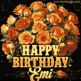 Animated bouquet of orange roses with moving butterfles and golden 'Happy Birthday Emi' text, surrounded by sparkling accents and a dark backdrop for a luxurious feel.