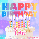 A vibrant animated name GIF with the words 'Happy Birthday Emi' with colorful candles on a creamy cake. The background sparkles with pastel shades, adding a festive touch.