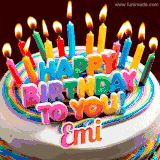 A colorful birthday cake topped with lit candles, with the words 'Happy Birthday Emi' in bold glowing letters on a burgundy background. Animated flames add a festive touch.