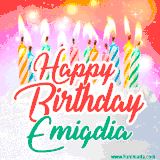 Bright birthday candles with rainbow flames on a cake, alongside the text 'Happy Birthday Emigdia' in vibrant script in this celebratory animated GIF.