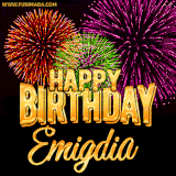 A golden 'Happy Birthday Emigdia' message with vibrant fireworks in the background, creating a festive and celebratory vibe in this animated name GIF.