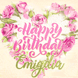 A stunning heart made of pink roses surrounds the elegant script text 'Happy Birthday Emigdia' on a soft beige background. Animated sparkles add a magical and festive feel.