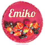 Beautifully decorated red velvet berry birthday cake with vibrant fruits and a glowing 'Emiko' name, adding a touch of sweetness and sparkle.