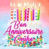 A white birthday cake covered in colorful sprinkles, topped with bright candles, and French text 'Bon Anniversaire Emiko' on a pastel gradient background in an animated GIF.
