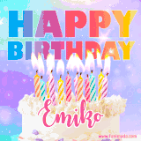 A vibrant animated name GIF with the words 'Happy Birthday Emiko' with colorful candles on a creamy cake. The background sparkles with pastel shades, adding a festive touch.