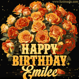 Animated bouquet of orange roses with moving butterfles and golden 'Happy Birthday Emilee' text, surrounded by sparkling accents and a dark backdrop for a luxurious feel.