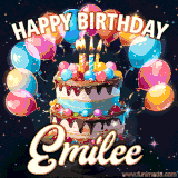 Bright birthday animation for Emilee with a chocolate cake, candles, balloons, and glowing celebratory lights.