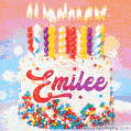 Personalized for Emilee elegant birthday cake adorned with rainbow sprinkles, colorful candles and glitter