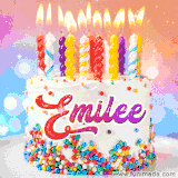 A cheerful white birthday cake with multicolor sprinkles, lit candles, and 'Emilee' written in vibrant letters, in an animated GIF.