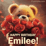 Cinematic style cute animated teddy bear with charming features holding a large bouquet of red roses, the words say 'Happy Birthday Emilee' in sans serif font.