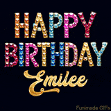 Vibrant luxury birthday greeting card for Emilee, showing glittering gemstone letters and golden calligraphy on a dark background with twinkling shine effects.