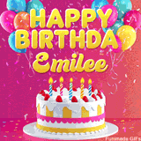 Pink-themed animated greeting with balloons, confetti, and a frosted cake under the message 'Happy Birthday Emilee' in bold rounded yellow font.