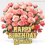Golden 'Happy Birthday Emilia' text beneath a vibrant bouquet of orange roses, complete with glittering butterflies and sparkling details.